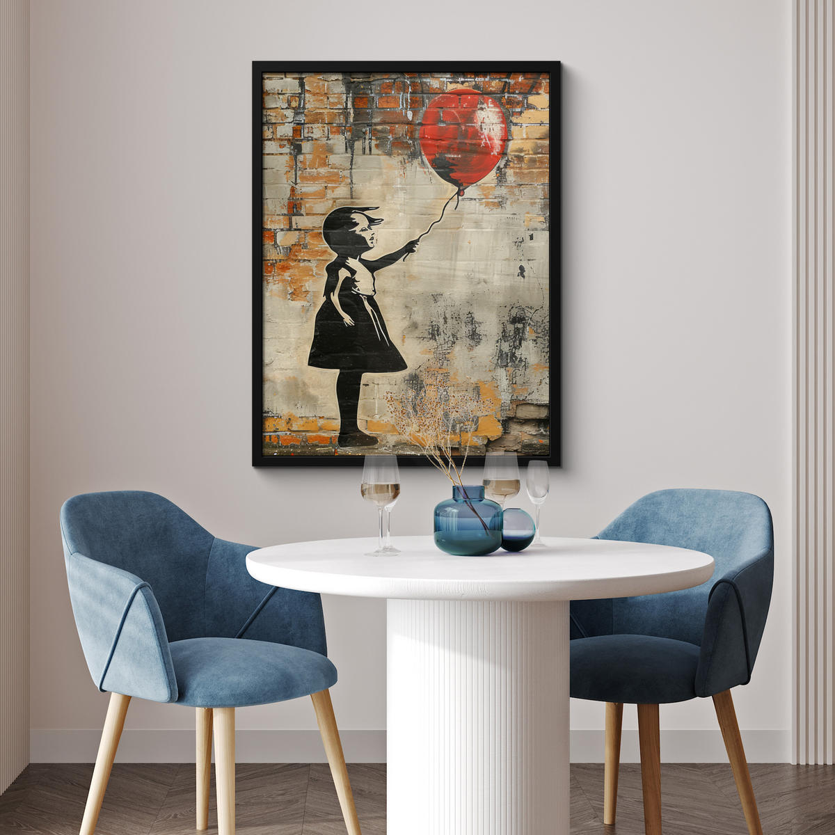 GERAHMTES BILD Graffiti - Banksy - Mädchen - Straßenkunst 60x80 cm - Sandfarben, Papier (60/80cm) - MuchoWow