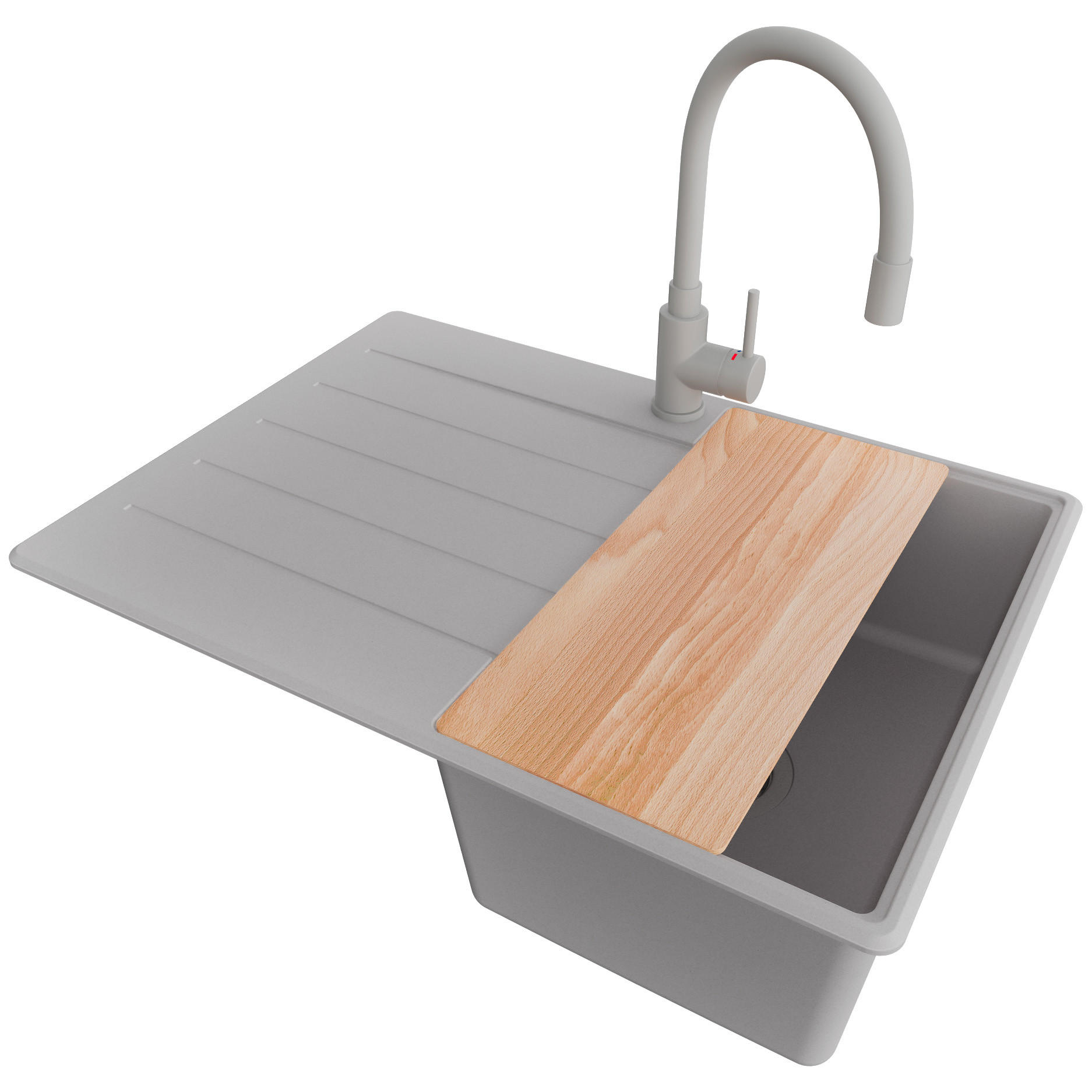 GRANITSPÜLE Kopenhagen, 2-er set Grau 70/50 cm 1 Becken + Küchenarmatur 38/14 cm + Ablauf-Set + Schneidebrett ab 40er Unterschrank - Beige/Grau, Kunststoff (70/20/50cm) - Primagran