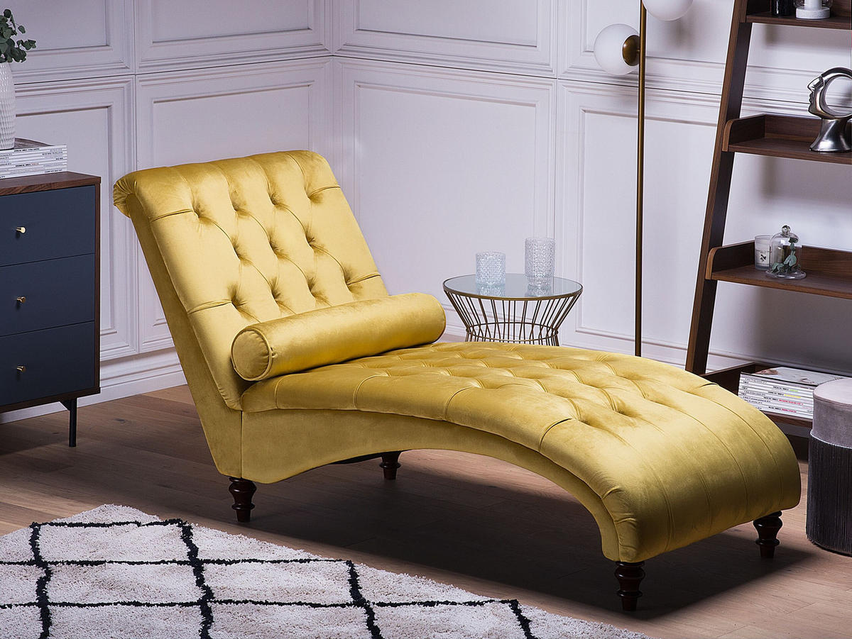 CHAISELONGUE Samtstoff senfgelb Muret - Dunkelbraun/Gelb, Textil (163/87/72cm) - Beliani