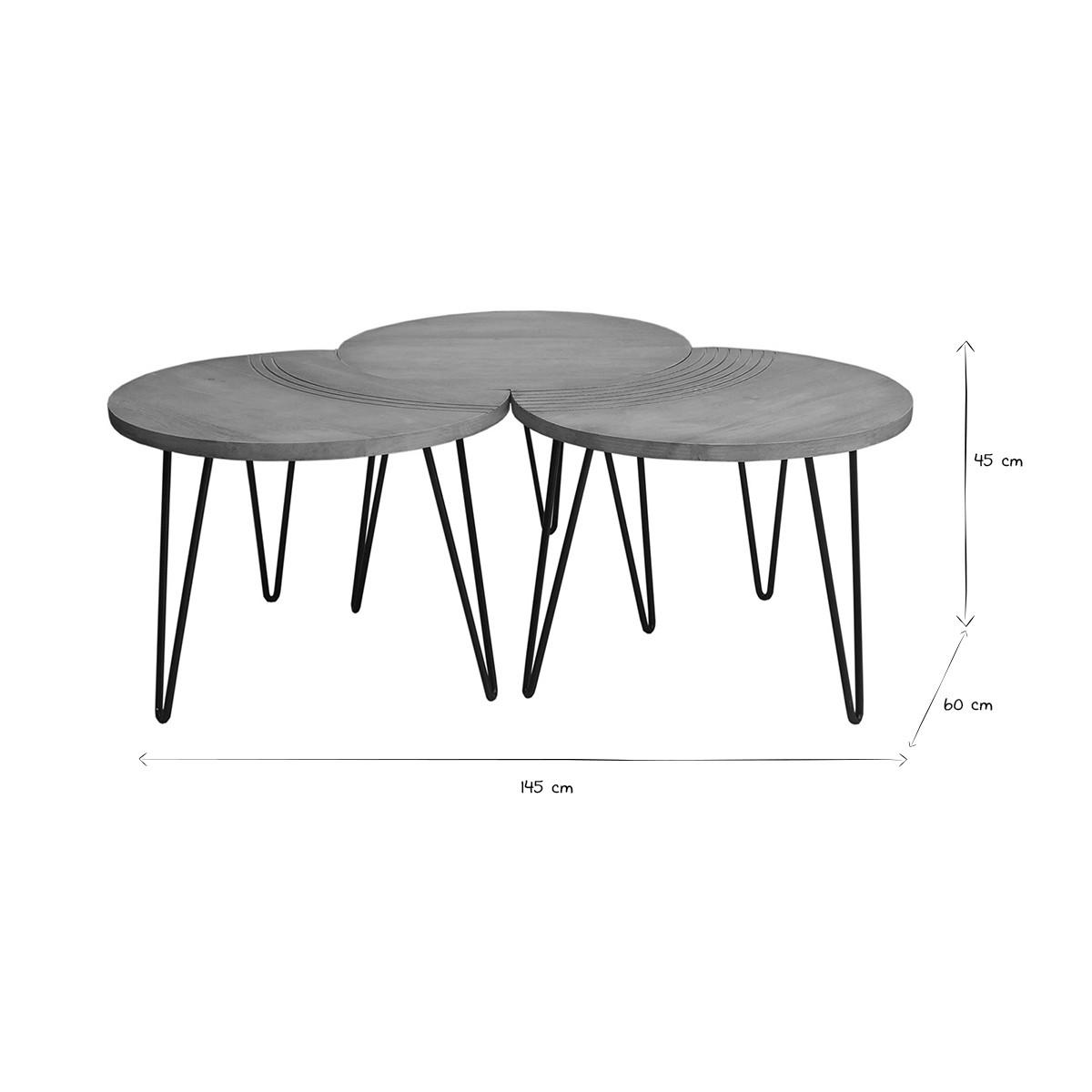 COUCHTISCH Strukturiert Mangoholz Schwarzes Metall 3er-Set VIBES - Naturfarben, Holz (145/60/45cm) - Miliboo
