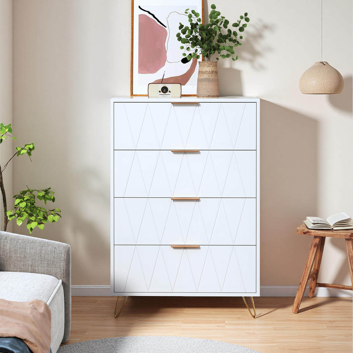 KOMMODE WEIß 4 Schubladen Rautenmuster Melamin - Weiß, Holzwerkstoff (34/90/60cm) - SHOPENTRA