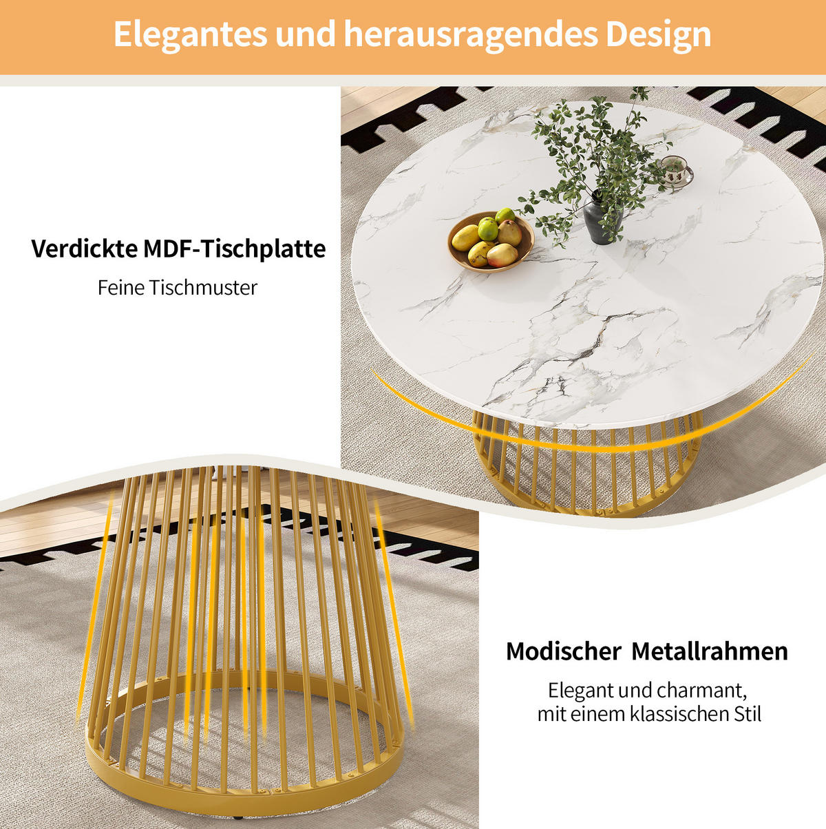 ESSTISCH 80/80/76 cm in Weiß mit Marmoroptik und goldfarbenem Metallgestell - Goldfarben, Holzwerkstoff (80/80/76cm) - Flora Grace