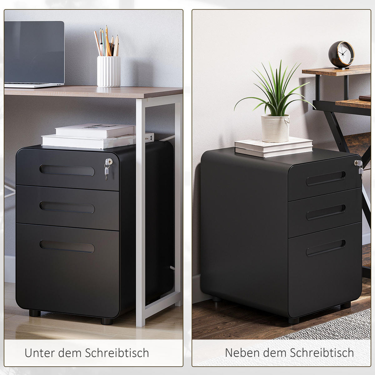 AKTENSCHRANK mit 3 Schubladen, Stahl, Weiß, 39 x 48 x 59 cm - Schwarz, Metall (48/59/39cm) - Vinsetto