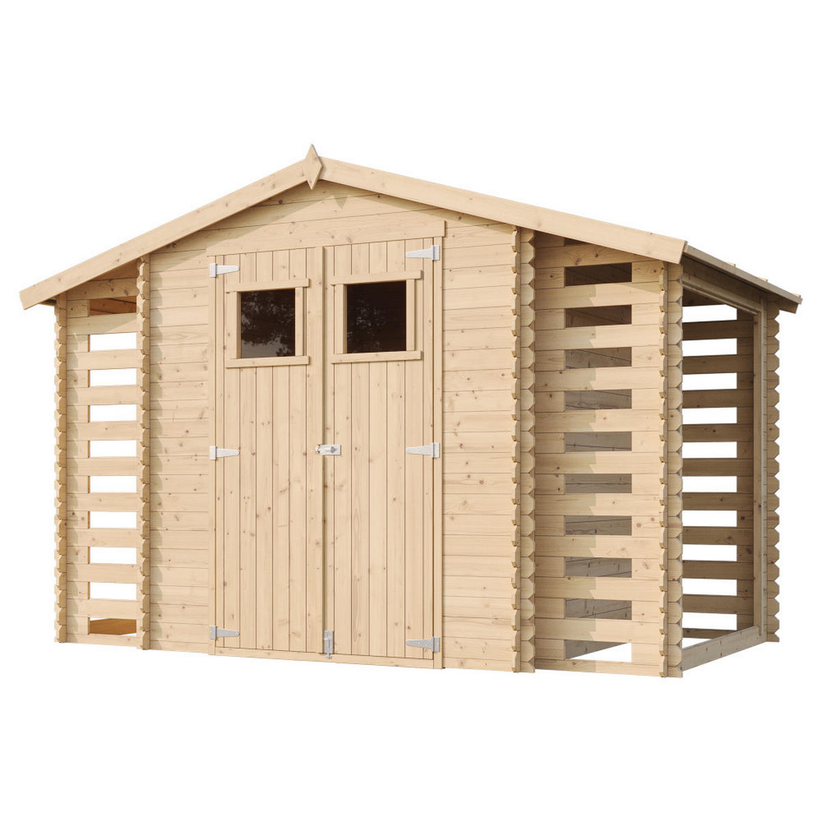 HOLZHAUS GARTENHAUS mit Brennholzschuppen M391+M391G - mit imprägniertem Boden - 3,53 + 0,97 + 0,97 m2 - Beige, Holz (328/218/206cm) - Timbela