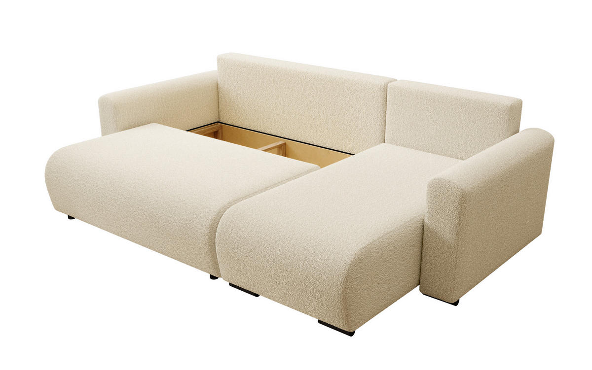 ECKSOFA DORA L, Eckcouch in L-Form mit Schlaffunktion und Bettkasten, Farbe: Beige, Bouclé-Stoff, Ottomane Rechts - Beige, Textil (240/143cm) - Storez24