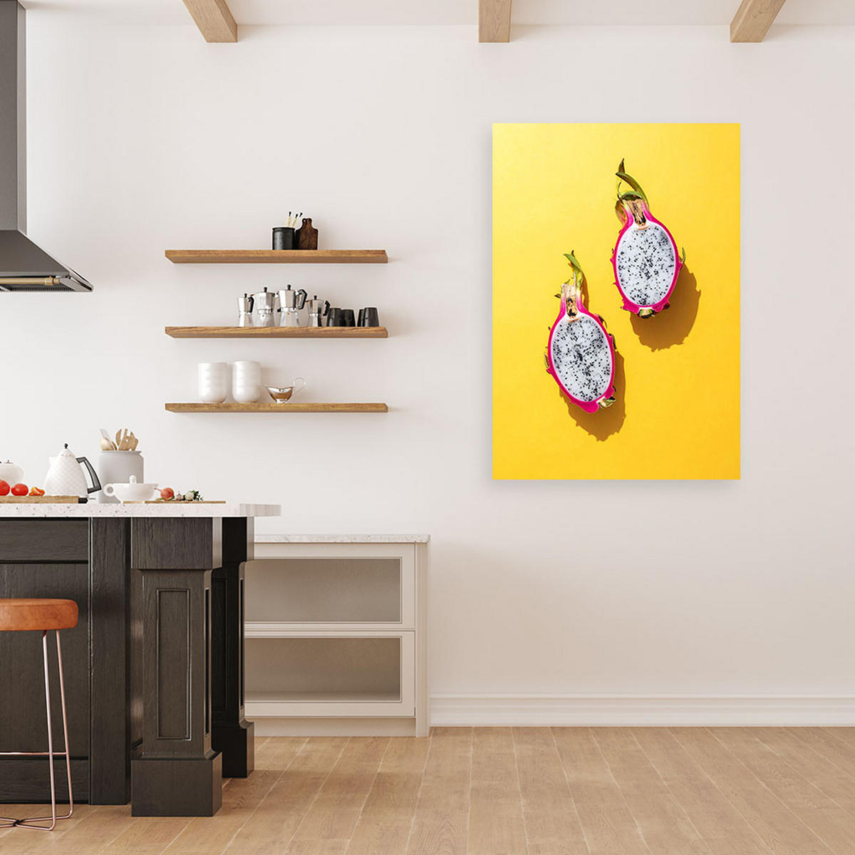 BILD auf Leinwand, Geschnittene Drachenfrucht auf intensivem gelbem Hintergrund - Gelb, Textil (20/30cm) - Feeby