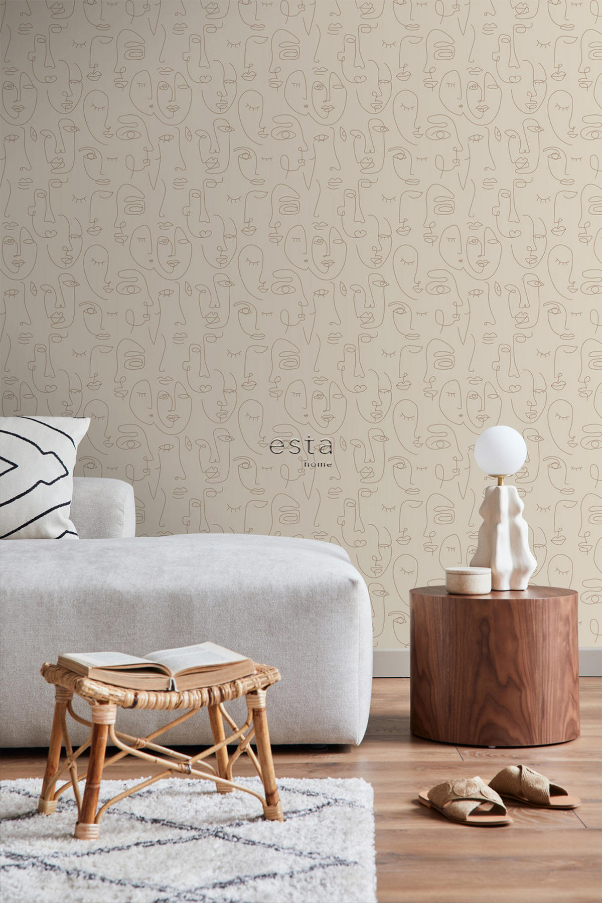 TAPETE Line Art Gesichter 50 x 900 cm - Beige, Papier (50/900cm) - ESTAhome
