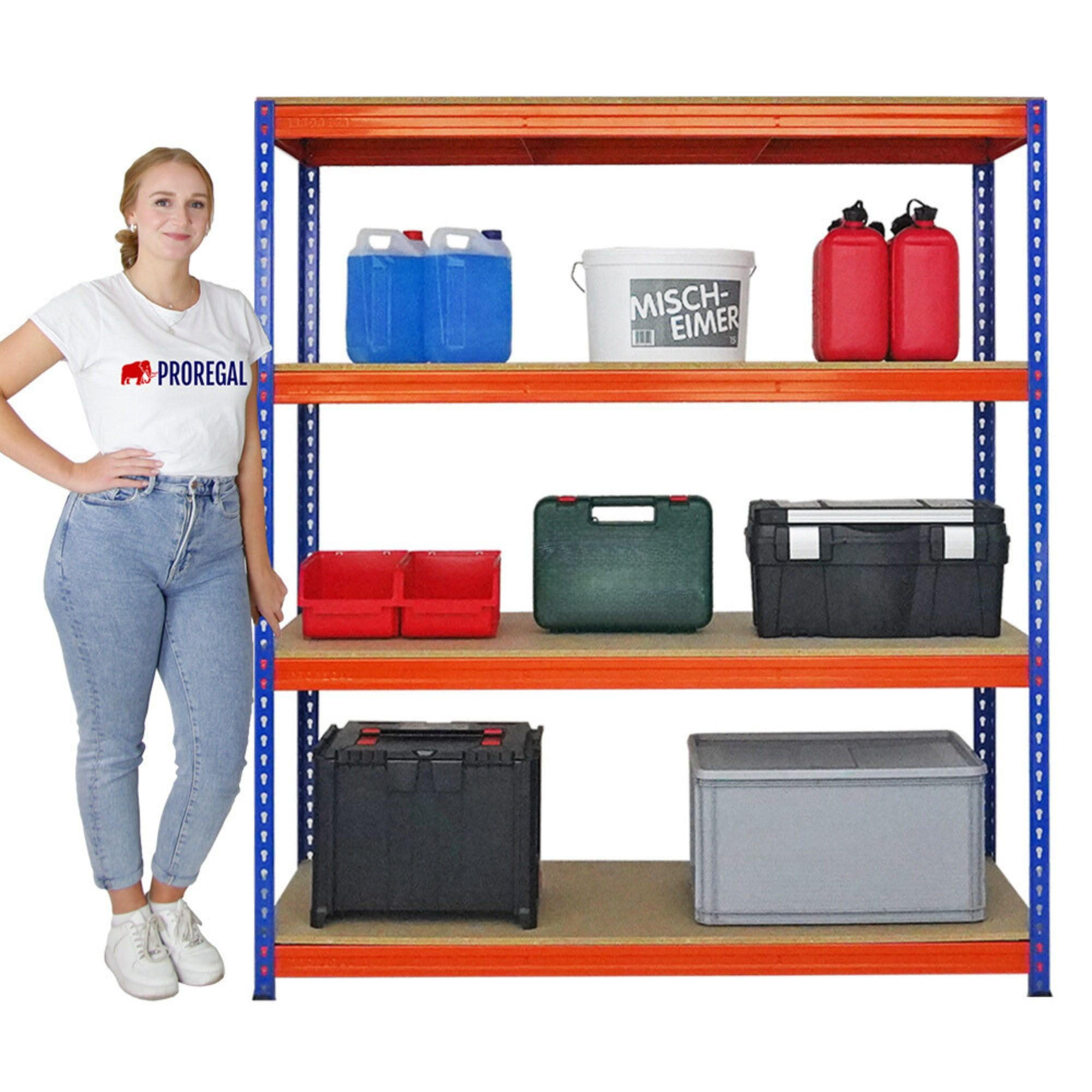 SCHWERLASTREGAL Bison 200x180x60 cm 4 Spanplatten-Ebenen 16mm Fachlast 600 kg Blau-Orange - Blau, Metall (180/200/60cm) - PROREGAL