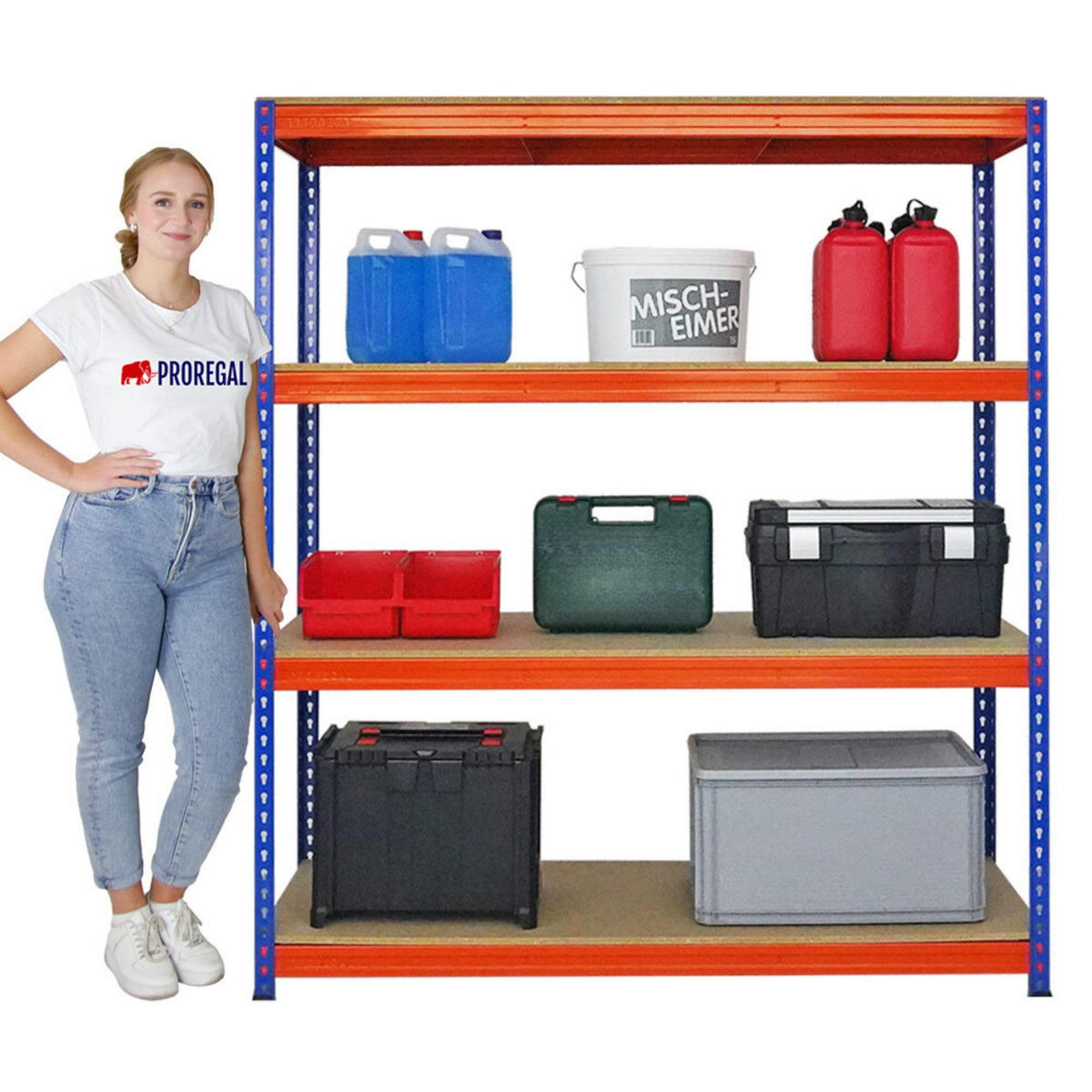 SCHWERLASTREGAL Bison 200x180x60 cm 4 Spanplatten-Ebenen 16mm Fachlast 600 kg Blau-Orange - Blau, Metall (180/200/60cm) - PROREGAL