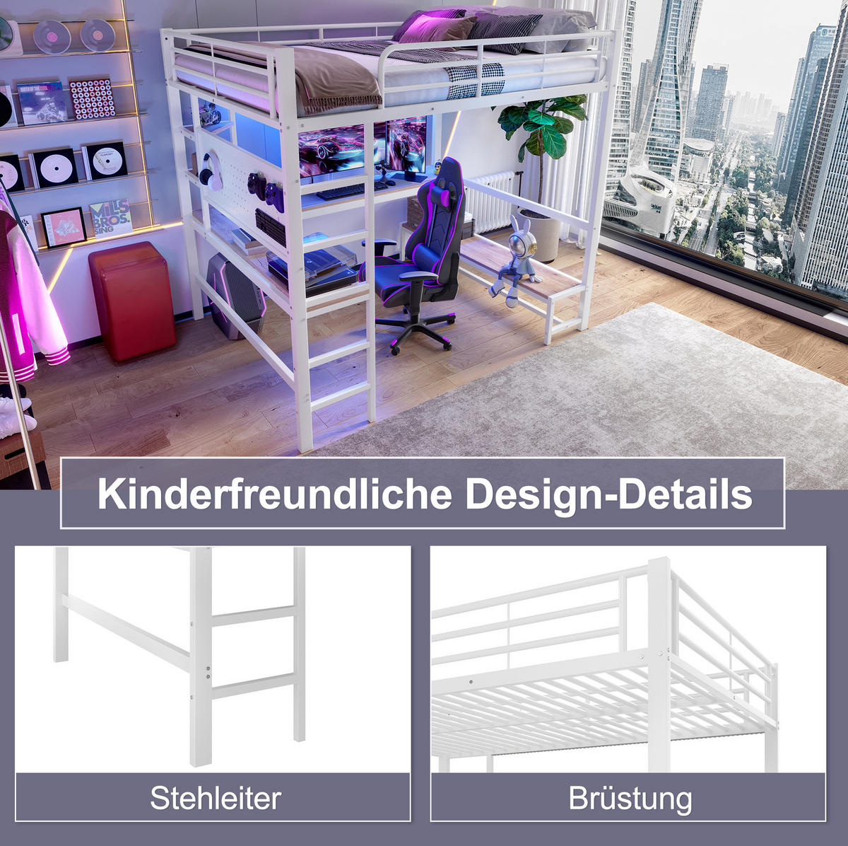 HOCHBETT 140/200 cm aus Metall mit Schreibtisch, LED-Leiste und USB-Typ-C-Anschluss Weiß - Weiß, Metall (140/200cm) - Modenvie