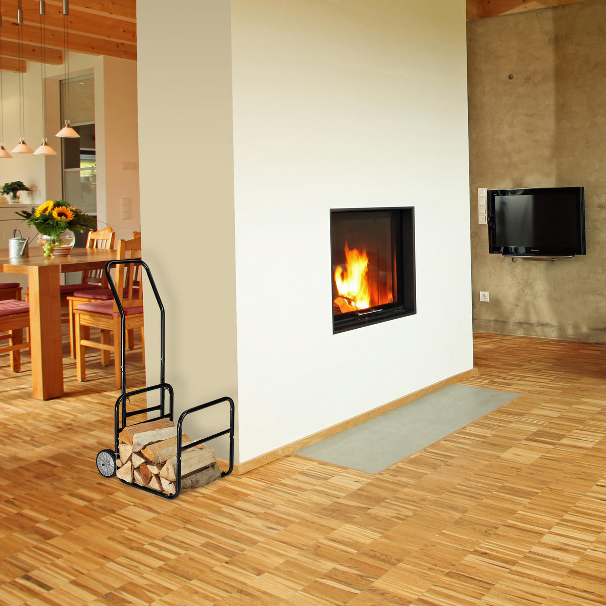 KAMINHOLZWAGEN 2in1 - Schwarz, Kunststoff/Metall (43.5/112/59.5cm) - Relaxdays