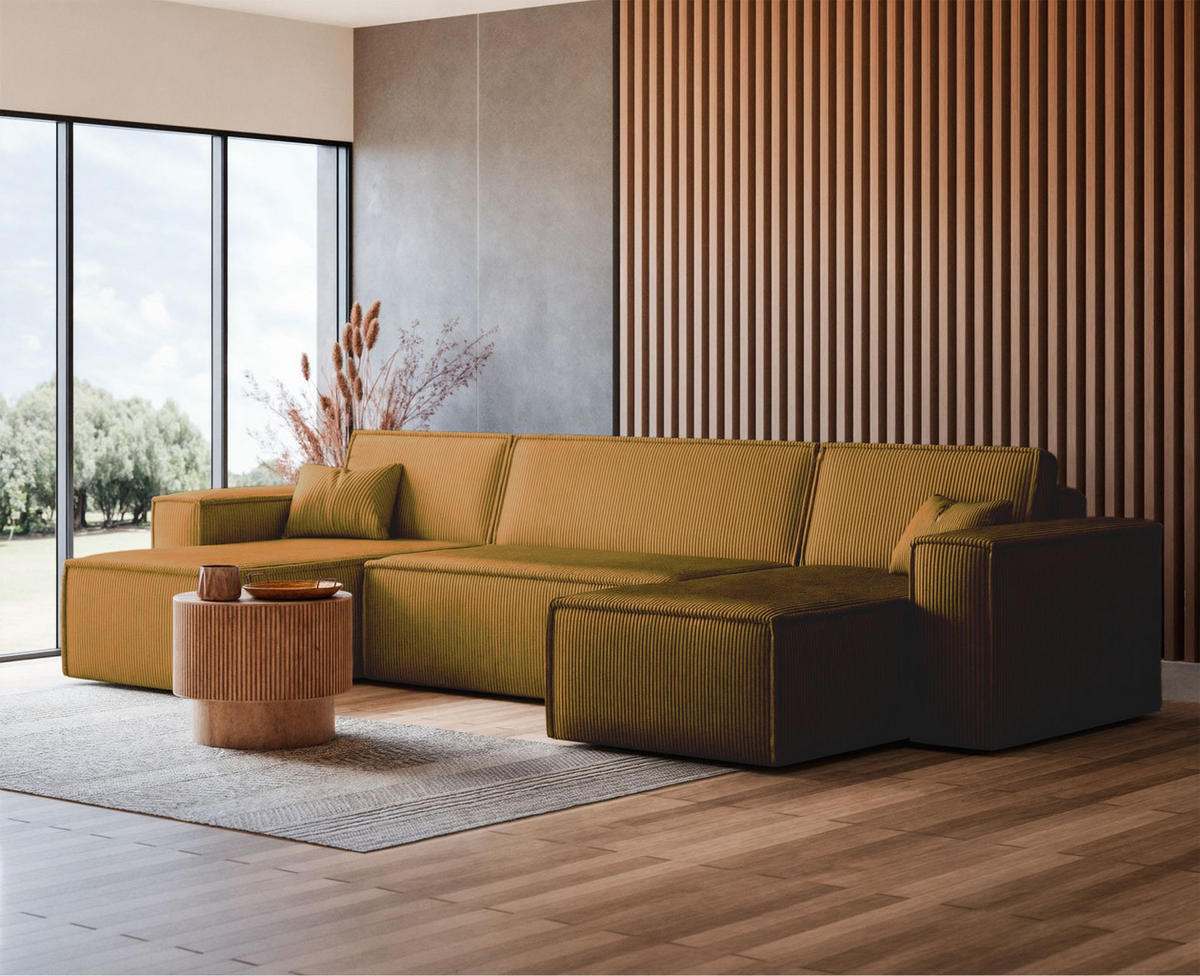 WOHNLANDSCHAFT Scarlo Senfgelb Cordbezug - Gelb/Schwarz, Kunststoff/Textil (312/83/145cm) - Selsey