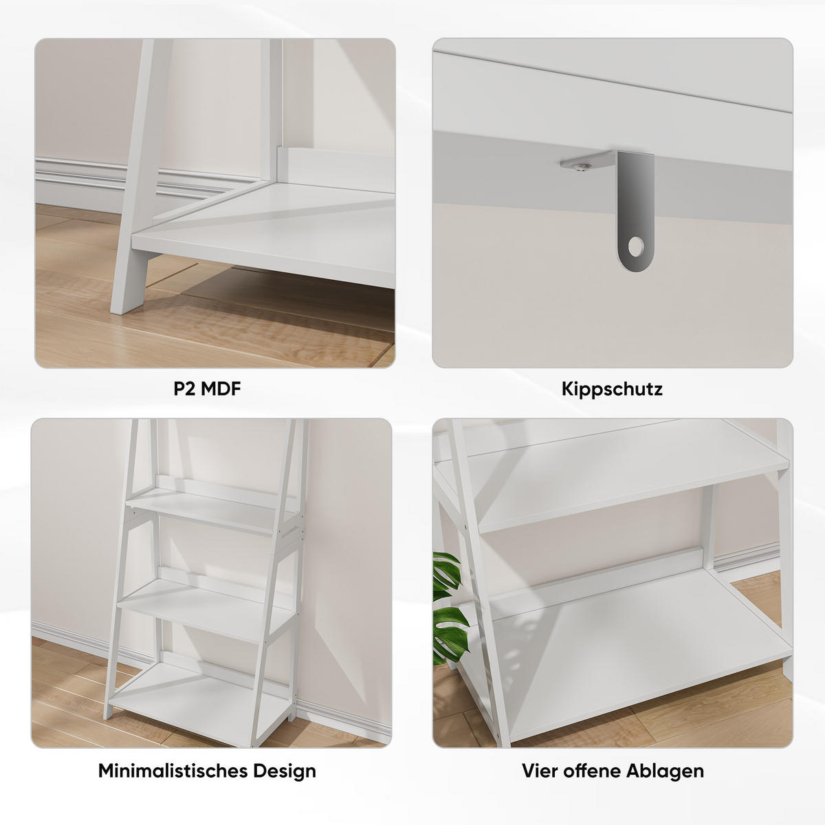BÜCHERREGAL 4 Ebenen in Weiß – platzsparendes Bücherregal mit Kippschutz - Weiß, Holzwerkstoff (63/150/39cm) - BEAOK