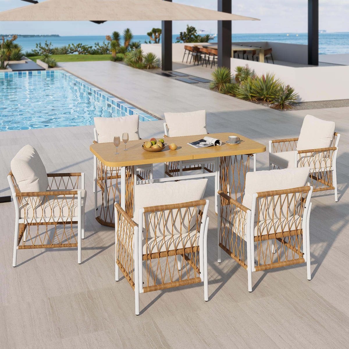 GARTENMÖBEL-SET Modernes 7-tlg. Weiß/Beige - Beige, Metall - ComfortXL