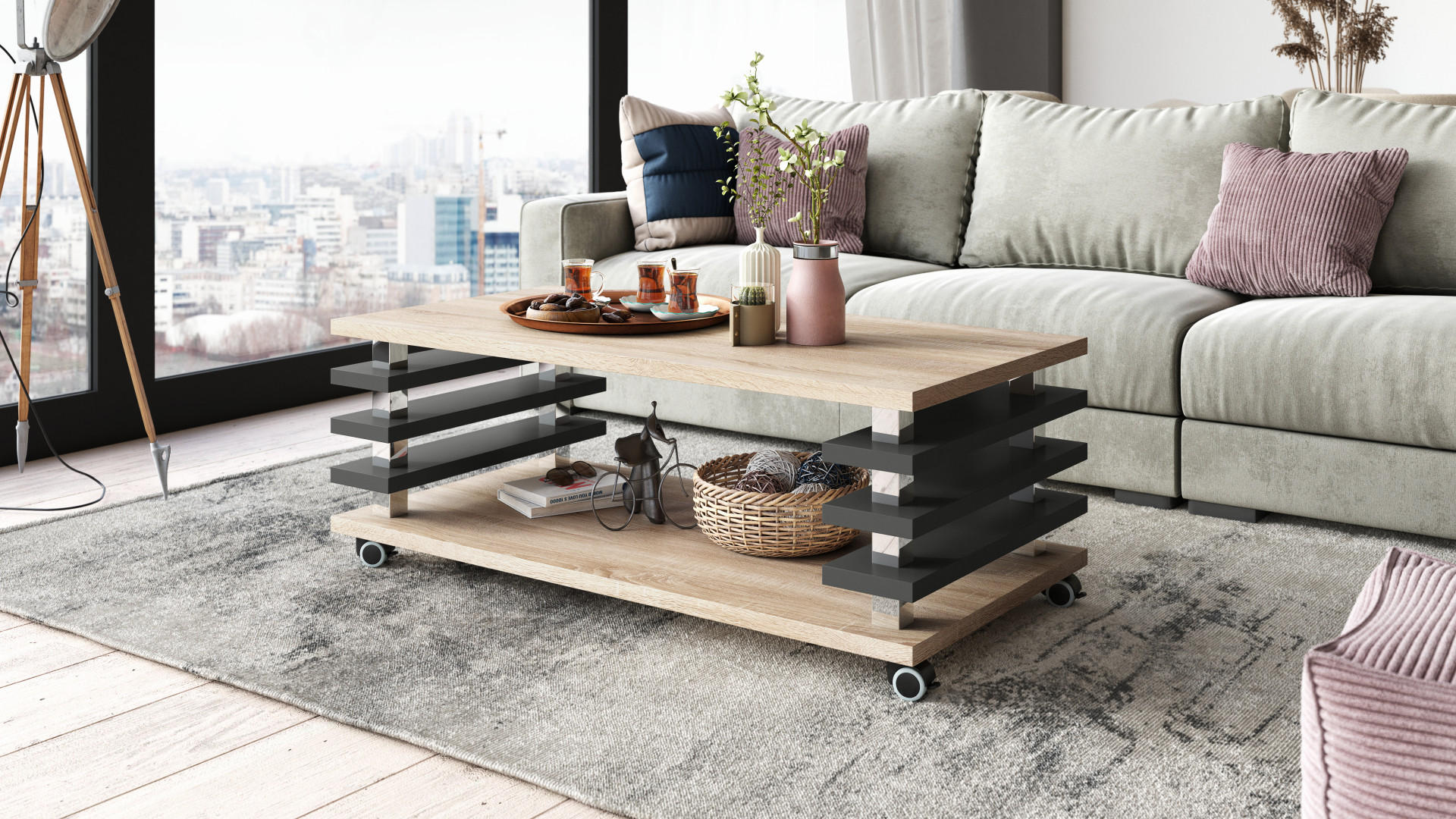 COUCHTISCH rechteckig Sonoma Eiche - Anthrazit matt Ablage Rollen - Anthrazit/Sonoma Eiche, Holzwerkstoff (60/120/45cm) - designimpex