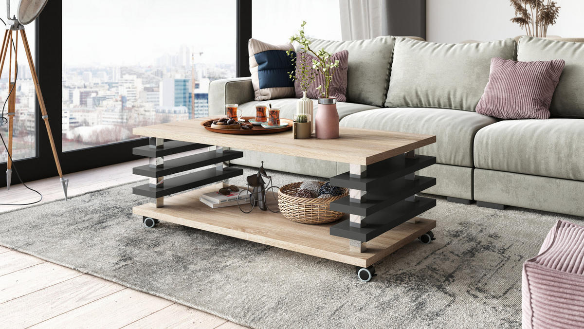 COUCHTISCH rechteckig Sonoma Eiche - Anthrazit matt Ablage Rollen - Anthrazit/Sonoma Eiche, Holzwerkstoff (60/120/45cm) - designimpex