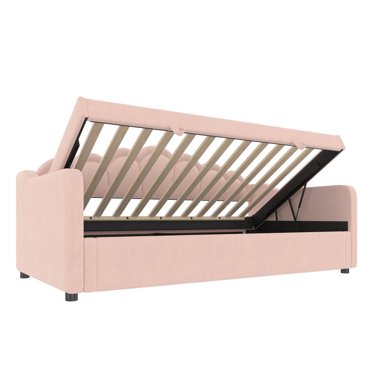 TAGESBETT 90/200 cm mit hydraulischem Stauraum, LED-Lichtleiste und gewelltem Kopfteil aus Samt, Rosa - Rosa, Textil (90/200cm) - Redom