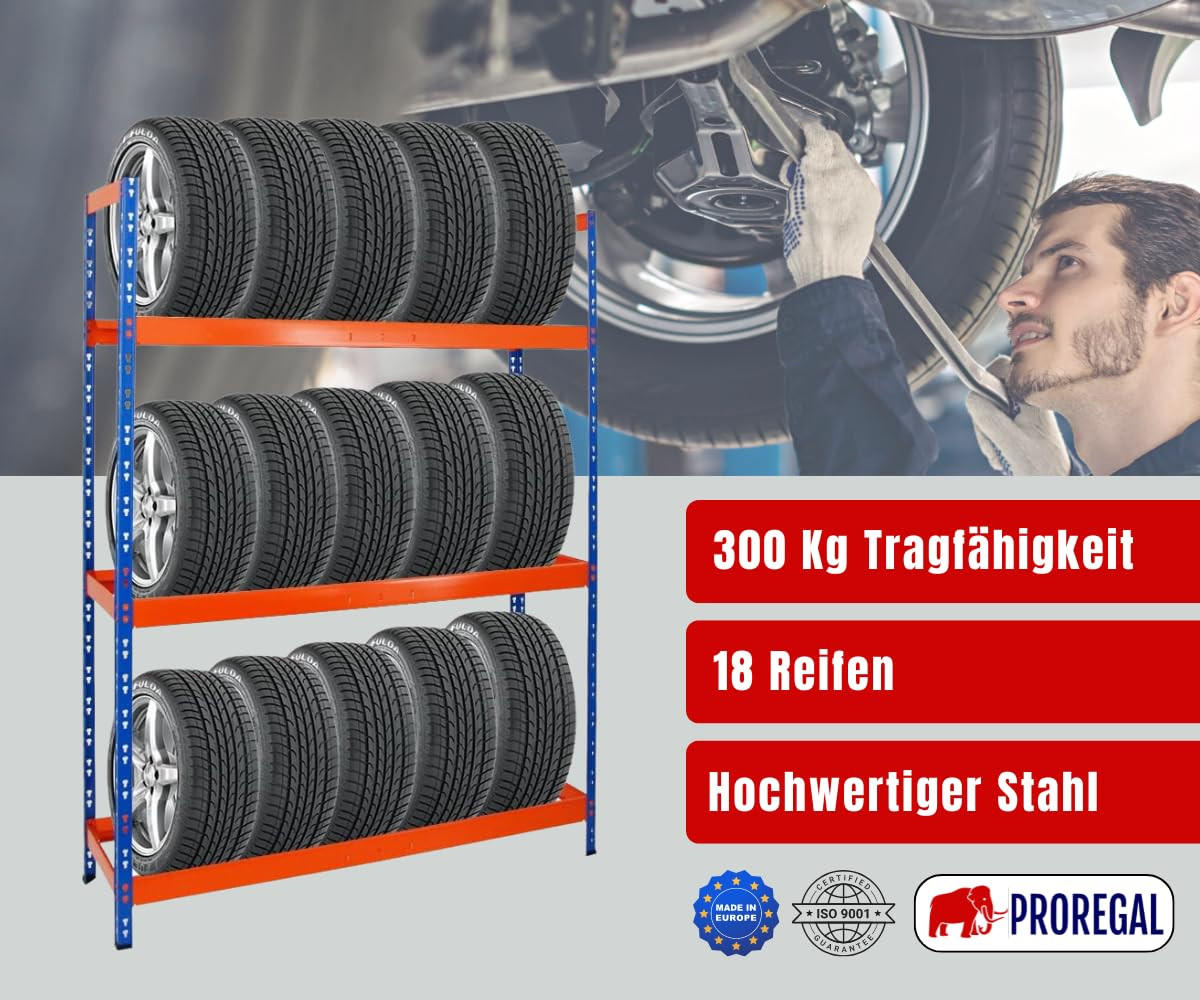 REIFENREGAL Tiger XL 200x150x45 cm 300 kg Fachlast bis zu 18 Reifen auf 3 Ebenen Blau/Orange - Blau/Orange, Metall (150/200/45cm) - PROREGAL