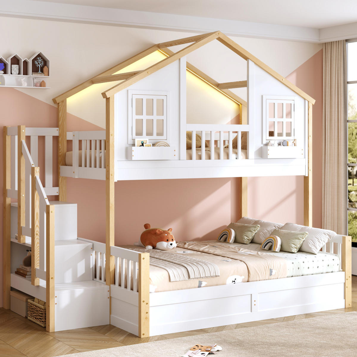 ETAGENBETT aus Kiefer 90x200+140x200 cm Weiß mit hydraulischem Unterbett, Stauraumtreppe und LED - Weiß, Holz (90/200cm) - Modfu