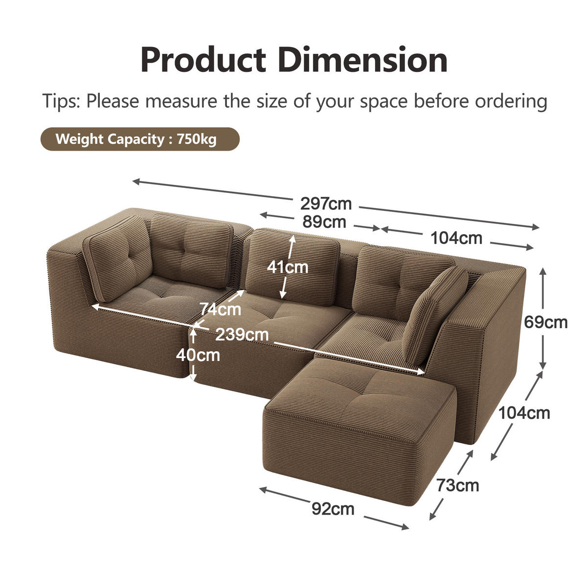 3-SITZER Sofa 297×177×69 cm Cordstoff rahmenlos modular mit Ottomane, braun - Braun, Textil (177/69/297cm)