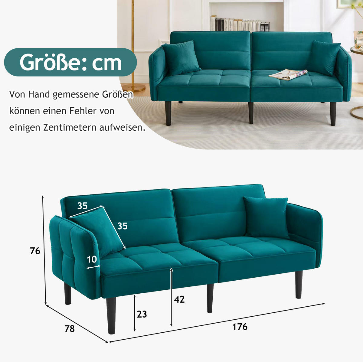 SCHLAFSOFA aus Samt Antik Blaugrün mit verstellbaren Rückenlehnen, klappbaren Armlehnen und 2 Kissen - Petrol, Kunststoff (176/76/78cm) - Modfu