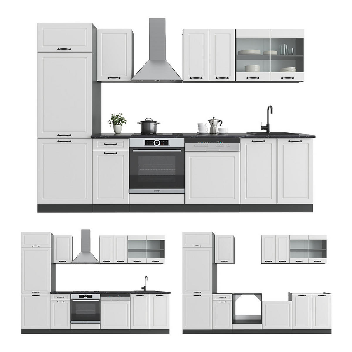 KÜCHENZEILE R-Line Weiß Landhaus/Anthrazit 300 cm, AP Eiche - Anthrazit/Creme, Holzwerkstoff (300/81.6/60cm) - Vicco