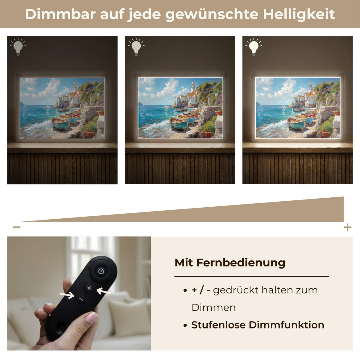 NÁSTĚNNÁ LAMPA S AKUMULÁTOREM Lodě - skály - moře - slunce 40x30 cm - modrá, kompozitní dřevo (40/30/8cm) - OnlyWow