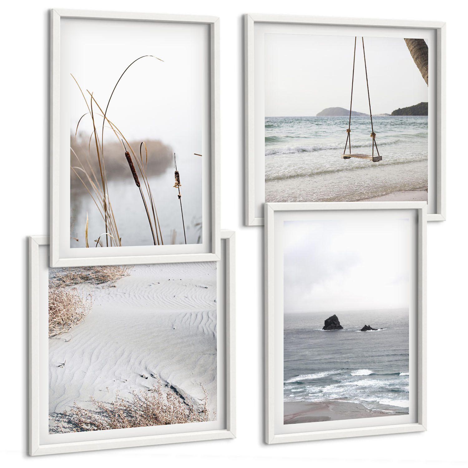 BILDER SET 4er Set - 50x50 cm & 40x60 cm Weißer Rahmen - Vegetation am Wasser im Sommer - Weiß, Kunststoff (50/50cm) - TULUP