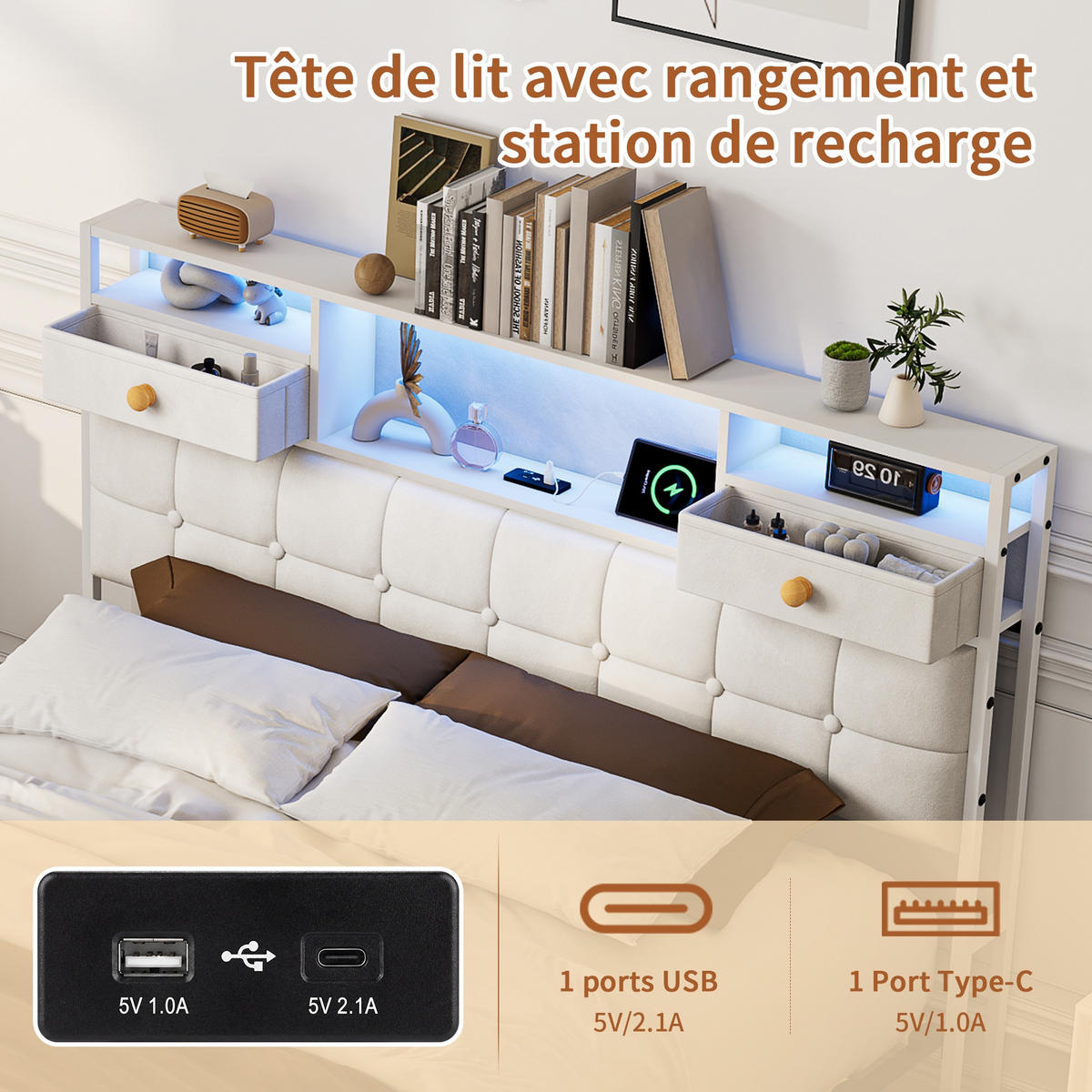 POLSTERBETT 160x200 cm mit 4 Schubladen, Polsterbettgestell aus Samt, Kopfteil mit RGB-LED-Beleuchtung, 2 Schubladen und USB/Typ-C-Anschlüsse - Beige - Beige, Holzwerkstoff (160/200cm) - Brevoria