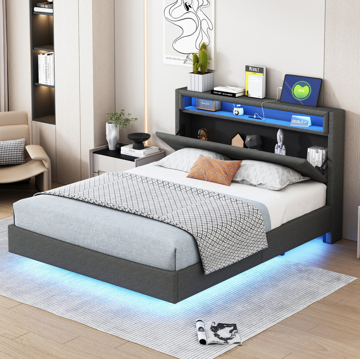 ČALÚNENÁ posteľ z ľanovej tkaniny 140x200 cm sivá s USB portom, LED osvetlením a úložným čelom - sivá, textil (140/200cm) - Modfu