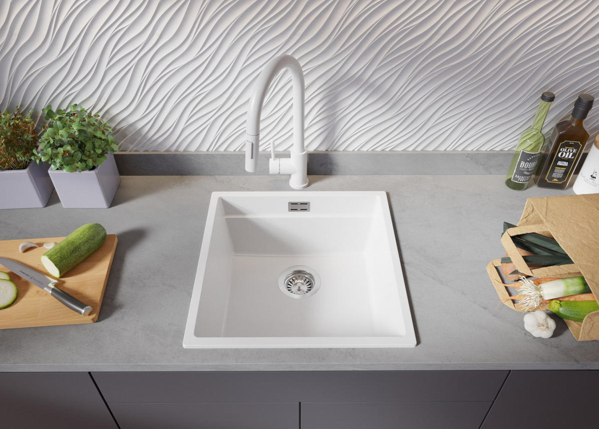 GRANITSPÜLE Praga Slim, 2-er set Weiß 46/47 cm 1 Becken + Küchenarmatur 40/20 cm + Ablauf-Set + Aufrollbare Abtropffläche ab 50er Unterschrank - Chromfarben/Weiß, Kunststoff (46/20/47cm) - Primagran