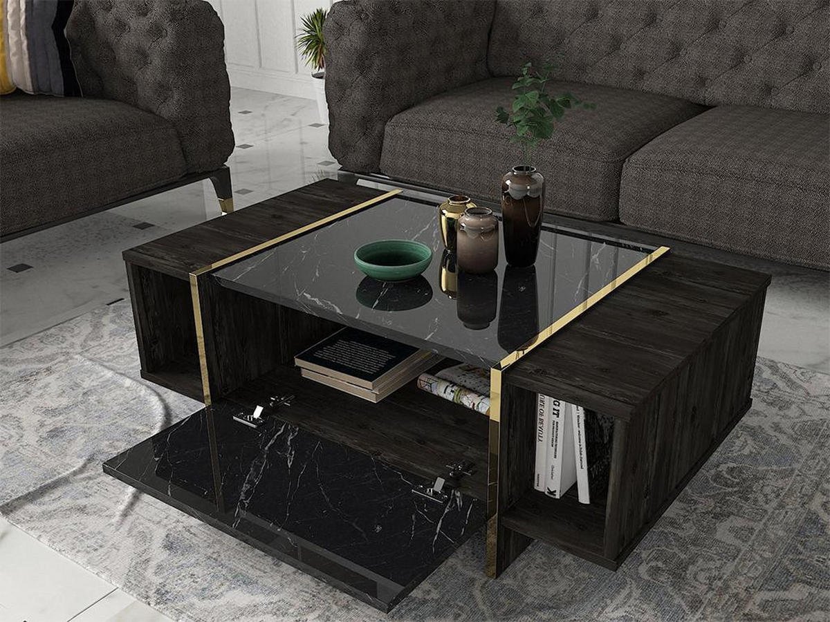 COUCHTISCH mit 1 Tür & 2 Ablagen - Marmor-Optik Schwarz & Goldfarben - CADEBA - Schwarz, Stein (103.8/60/37.3cm) - Vente-Unique