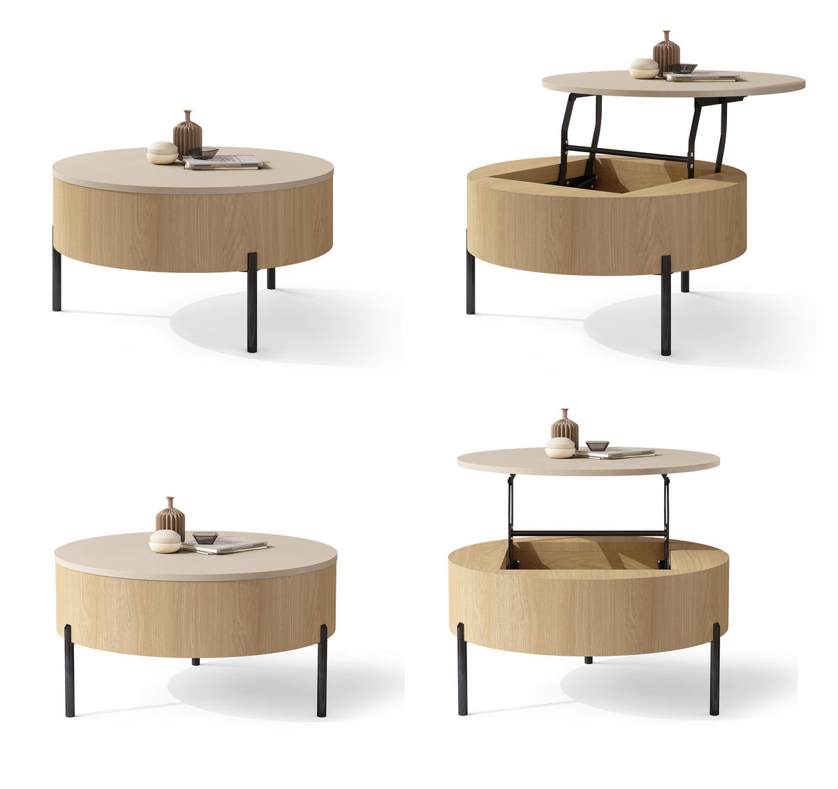 COUCHTISCH rund aufklappbar höhenverstellbar Stauraum 79/79/42 cm - Eichefarben/Beige, Holzwerkstoff (79.5/79.5/42.7cm) - designimpex