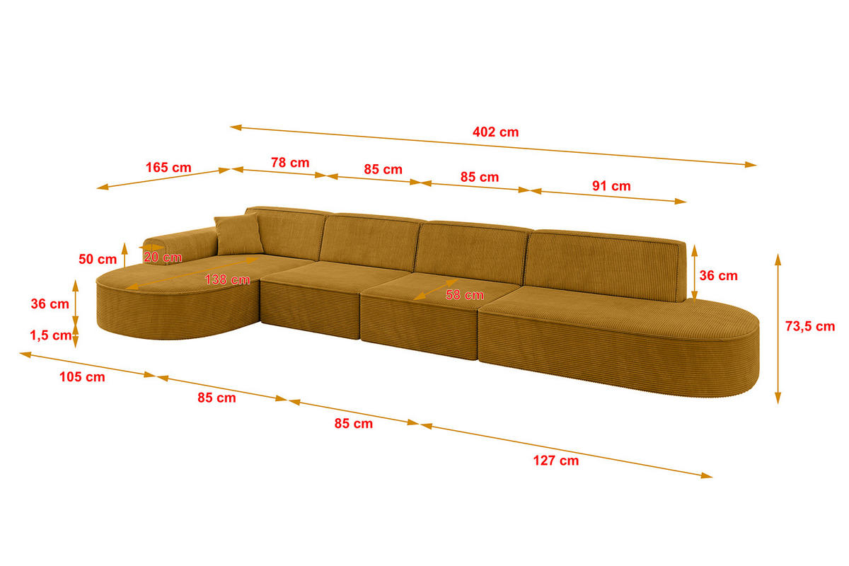 ECKSOFA Ottomane Links MARI-L3 - 402x163x73,5 cm Senfgelb Cord - Gelb/Schwarz, Holzwerkstoff/Kunststoff (165/406cm) - ALTDECOR