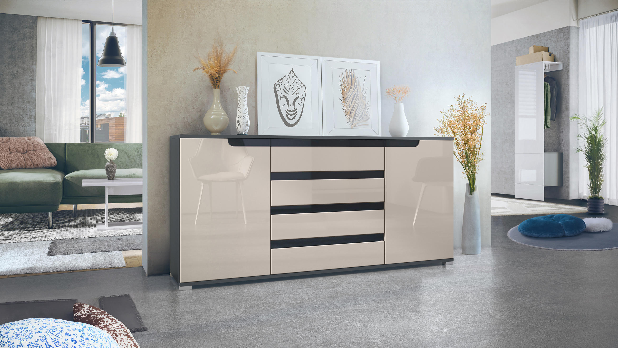 SIDEBOARD Sylt Sandgrau Hochglanz / Schwarz Hochglanz - Sandfarben, Holzwerkstoff (166.5/75.5/35cm) - Vladon