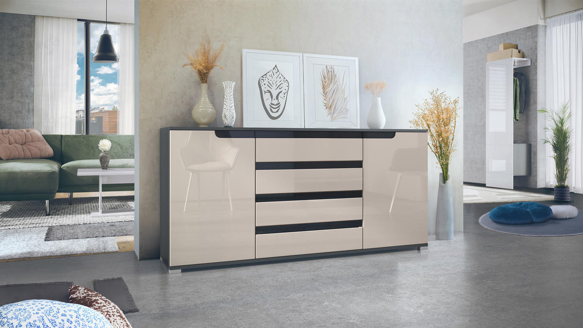 SIDEBOARD Sylt Sandgrau Hochglanz / Schwarz Hochglanz - Sandfarben, Holzwerkstoff (166.5/75.5/35cm) - Vladon