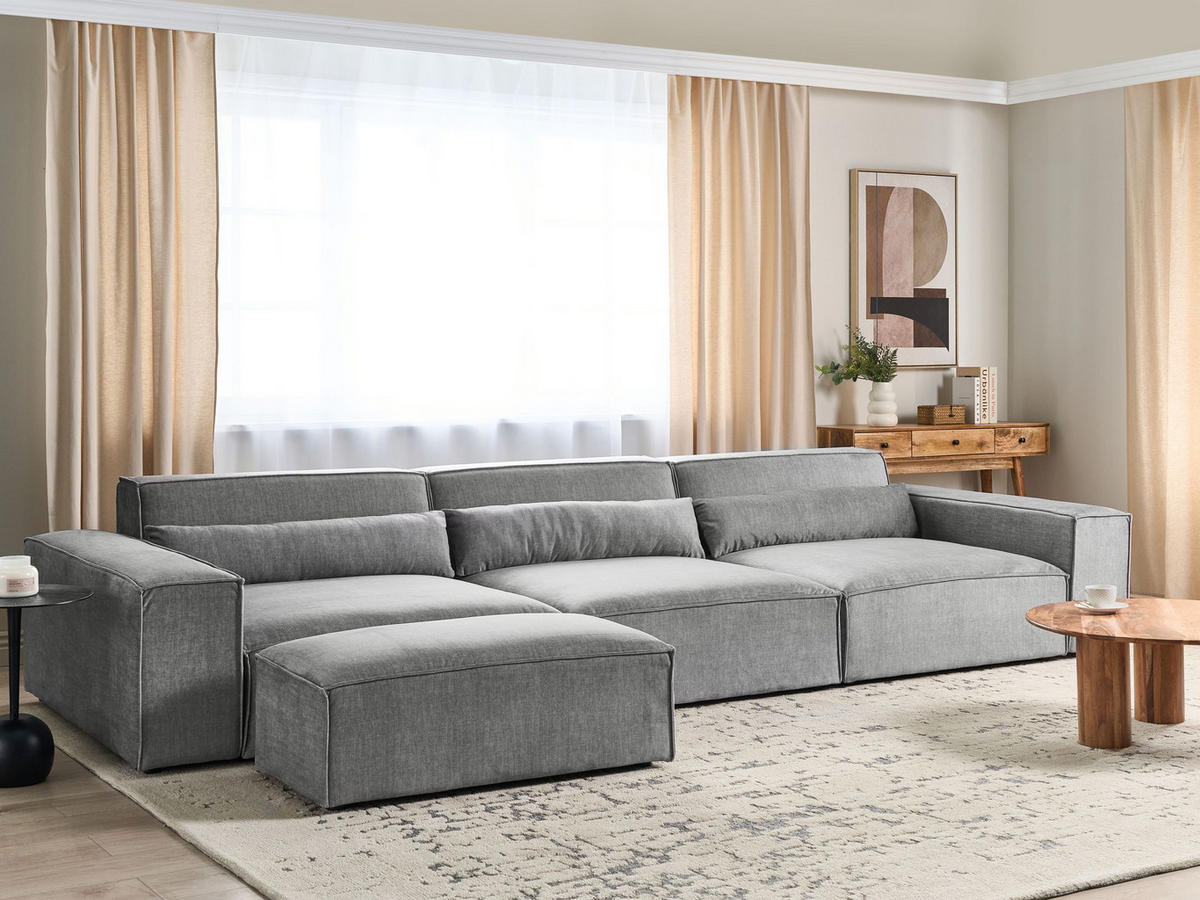 MODULÁRNÍ POHOVKA 3-místná Šedá Látka s otomanem Hellnar - šedá, textil (364/70/126cm) - Beliani