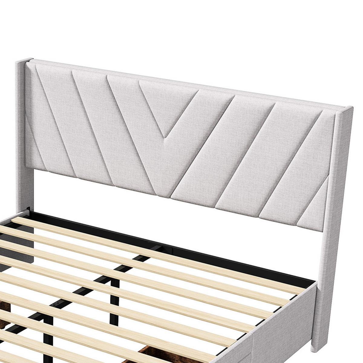 POLSTERBETT Geometrisch 140/200 cm mit 3 Schubladen Leinenoptik Beige - Beige, Textil (140/200cm) - Creahappy
