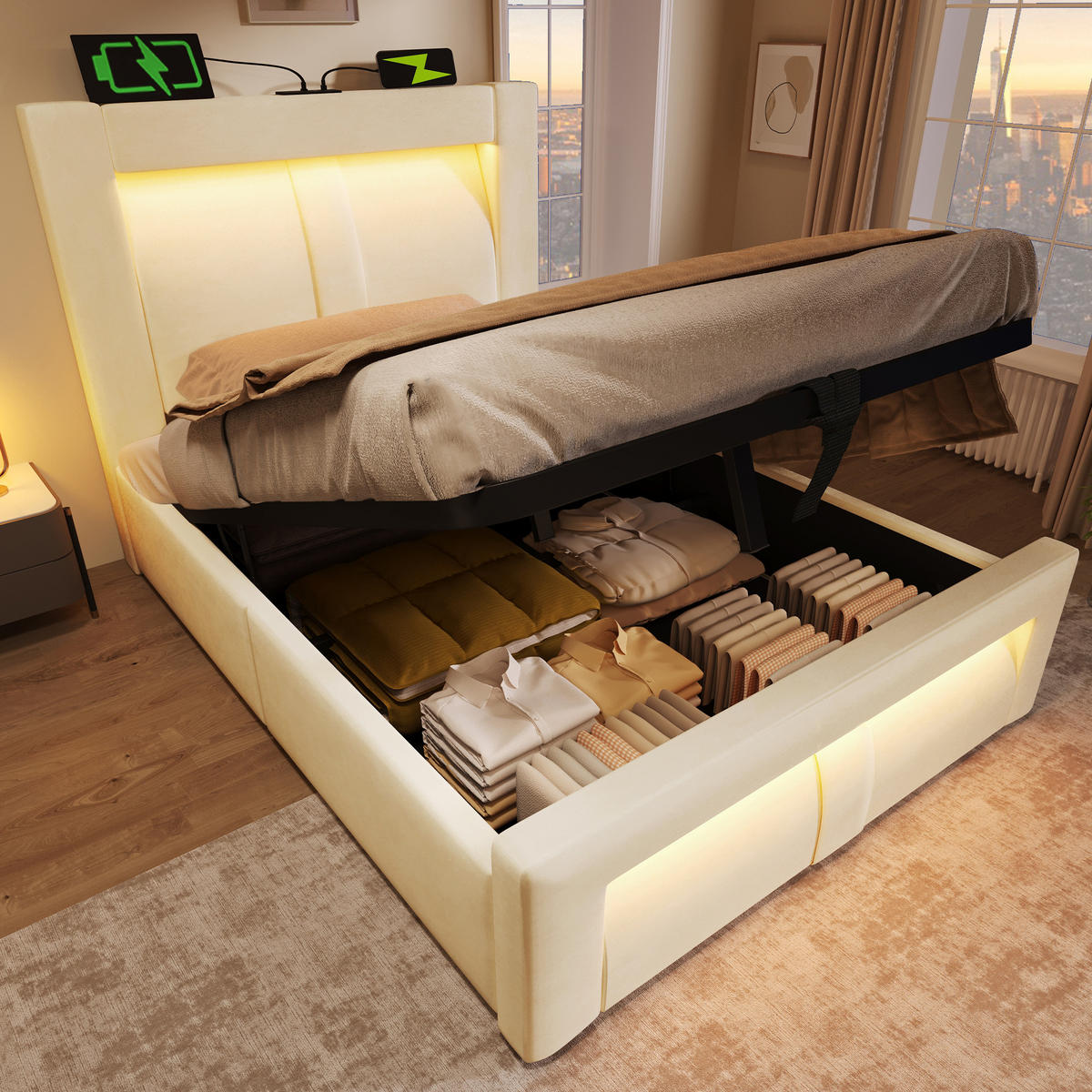 POLSTERBETT 90/200 cm Beige mit Stauraum, LED-Beleuchtung und Matratze - Beige, Textil (90/200cm) - Flora Grace