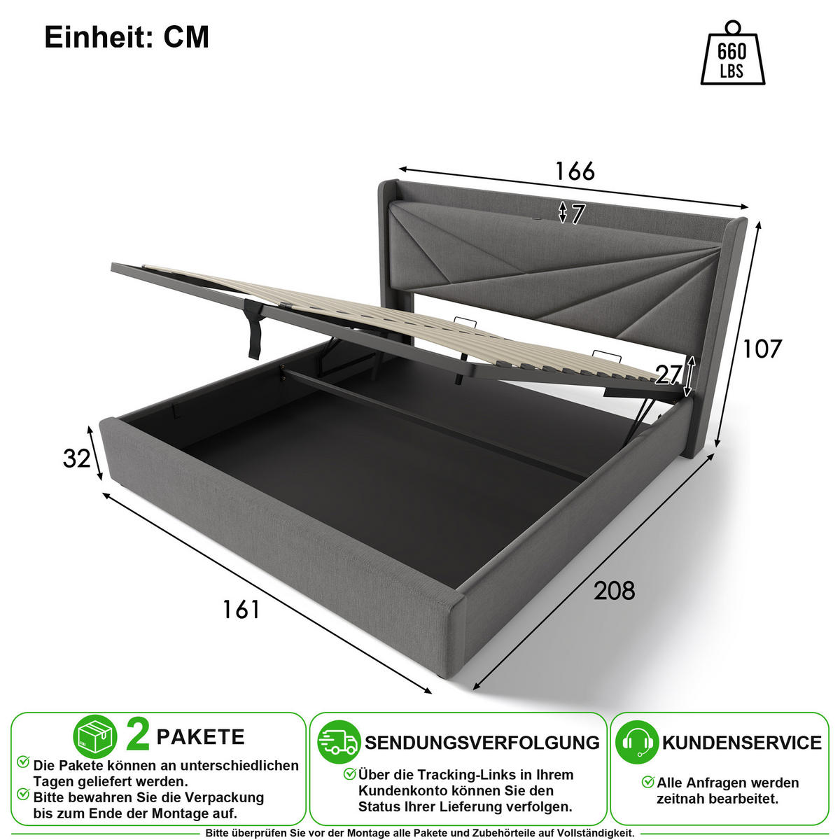 ČALOUNĚNÁ POSTEL 160/200 cm v šedé barvě s úložným prostorem, USB a Type-C - šedá, kov/kompozitní dřevo (160/200cm) - CHICFURN