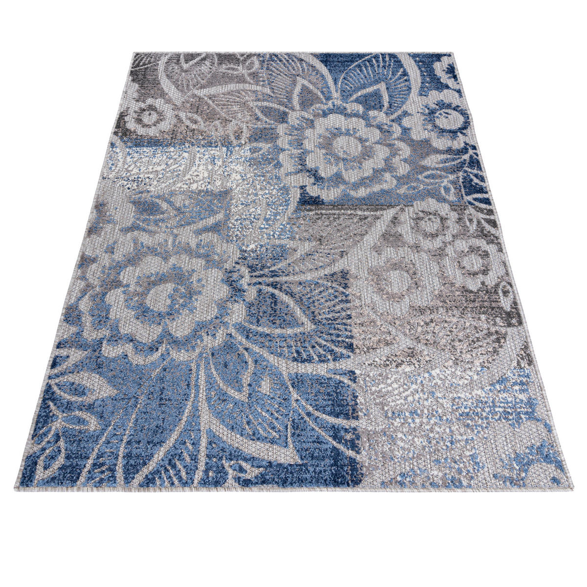 TEPPICH In-Outdoor Blau Pflanzlich Blumen - Kurzflor Rechteckig Grau - 140 x 200 cm - Blau, Textil (140/200cm) - Mazovia