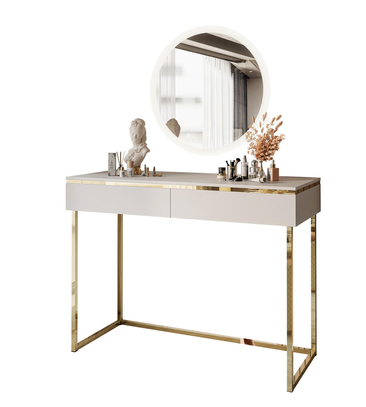 SCHMINKTISCH AURORA GOLD KASCHMIR Schminktisch auf einem goldenen Gestell mit Spiegel - Kaschmir, Holzwerkstoff (102/79/44cm) - Lookway