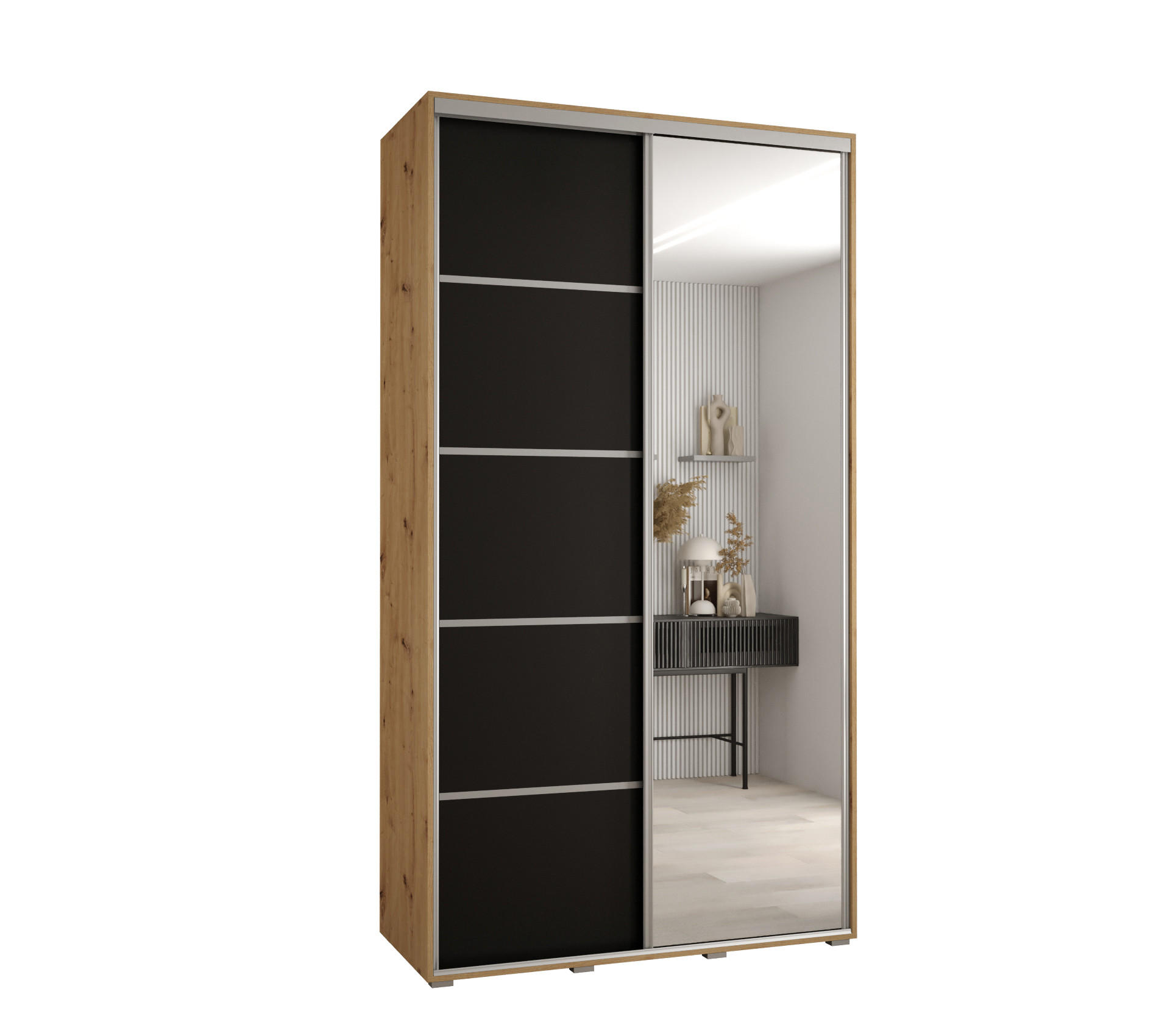 Abiks Möbel Schwebetürenschrank Eiche Artisan, Schwarz, Silber 140x235x60 cm