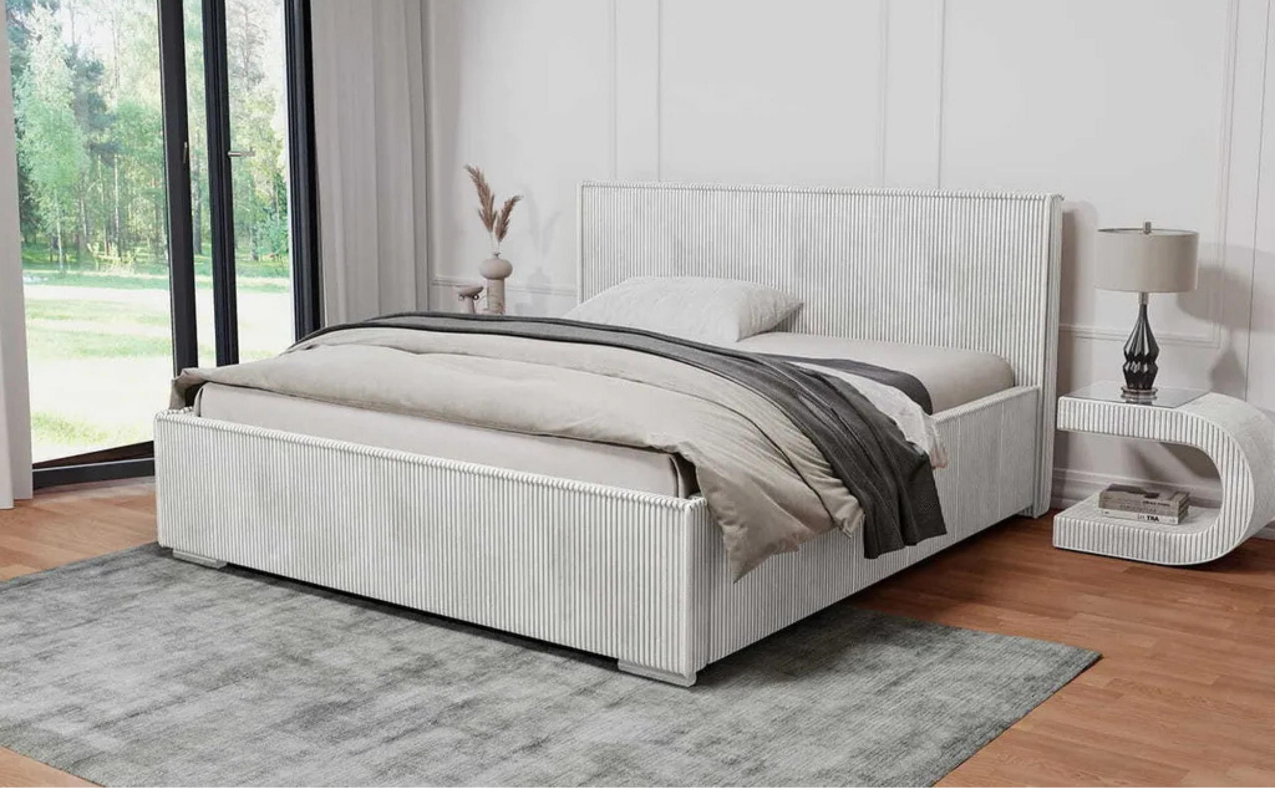 POLSTERBETT LUIS mit Kopfteil, 200 x 200 cm, Doppelbett mit Bettkasten und Lattenrost aus Metall, Cordstoff: Weiß - Weiß, Holz/Textil (200/200cm) - Agmat-Furniture