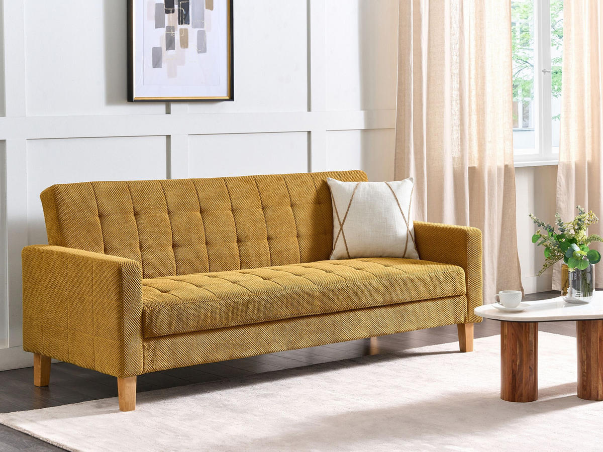 3-SITZER-SCHLAFSOFA senfgelb mit Stauraum Vehkoo - Hellbraun/Gelb, Textil (200/86/77cm) - Beliani