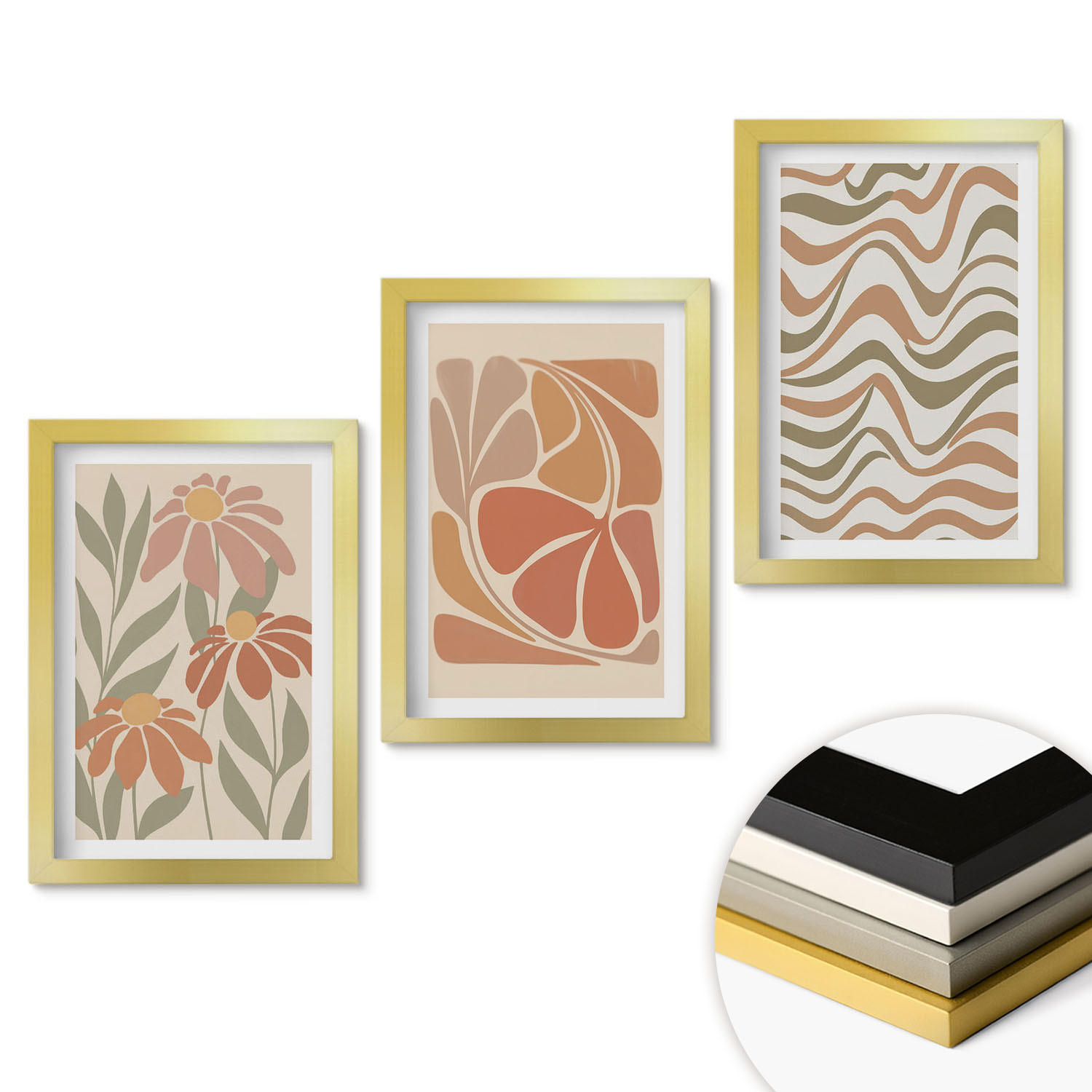 WANDBILDER 3er Set - 20x30 cm Goldrahmen - Abstrakte Pastellblumen - Goldfarben, Kunststoff (20/30cm) - ArtPrintCave