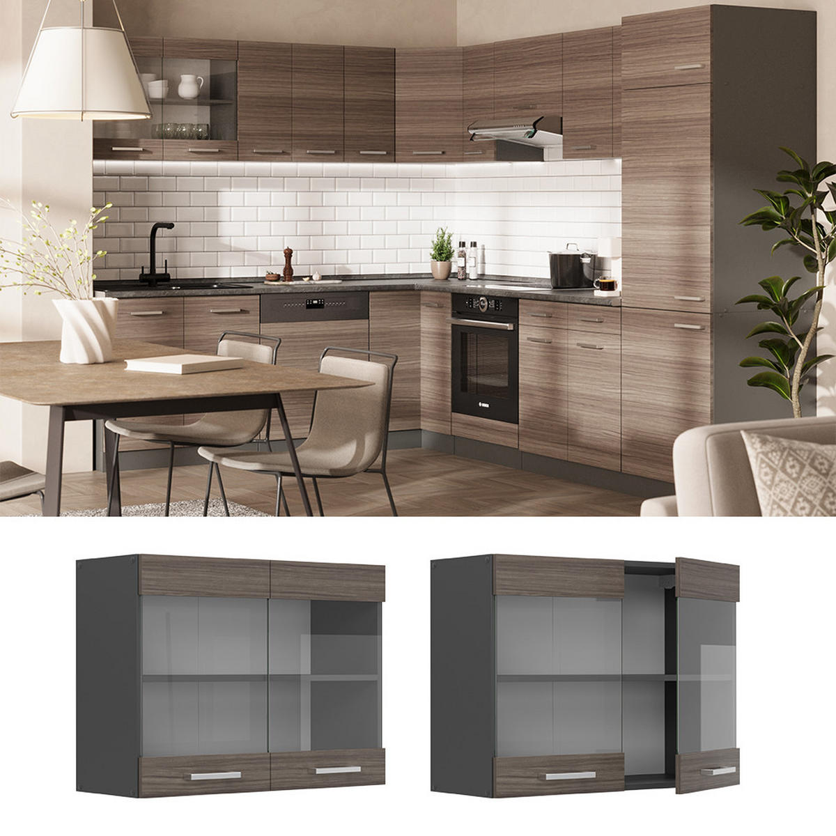 KÜCHENGLASHÄNGESCHRANK R-Line Edelgrau 80 cm - Anthrazit/Braun, Holzwerkstoff (80/60/31cm) - Vicco