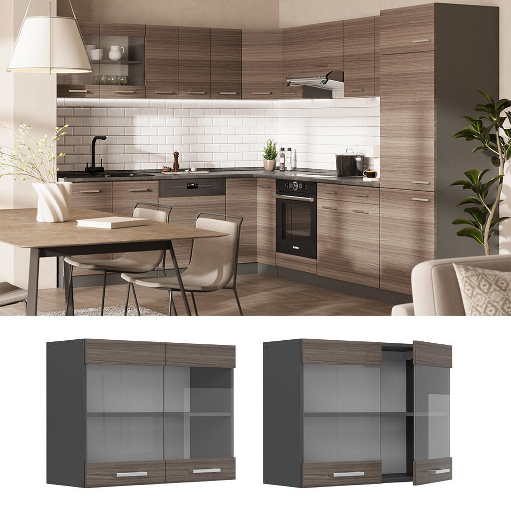 Thumbnail - Vicco Küchenglashängeschrank, Grau, Anthrazit, Holzwerkstoff, 2 Fächer, Rechteckig, 80x60x31 cm, Küchen, Küchenmöbel, Kü...