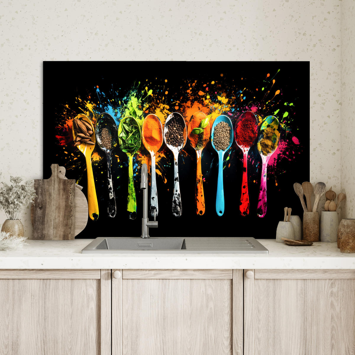 SPRITZSCHUTZ KÜCHE Löffel - Gewürze - Modern - Graffiti - Farbe - Farbenfroh 80x55 cm - Multicolor, Metall (80/0.3/55cm) - MuchoWow