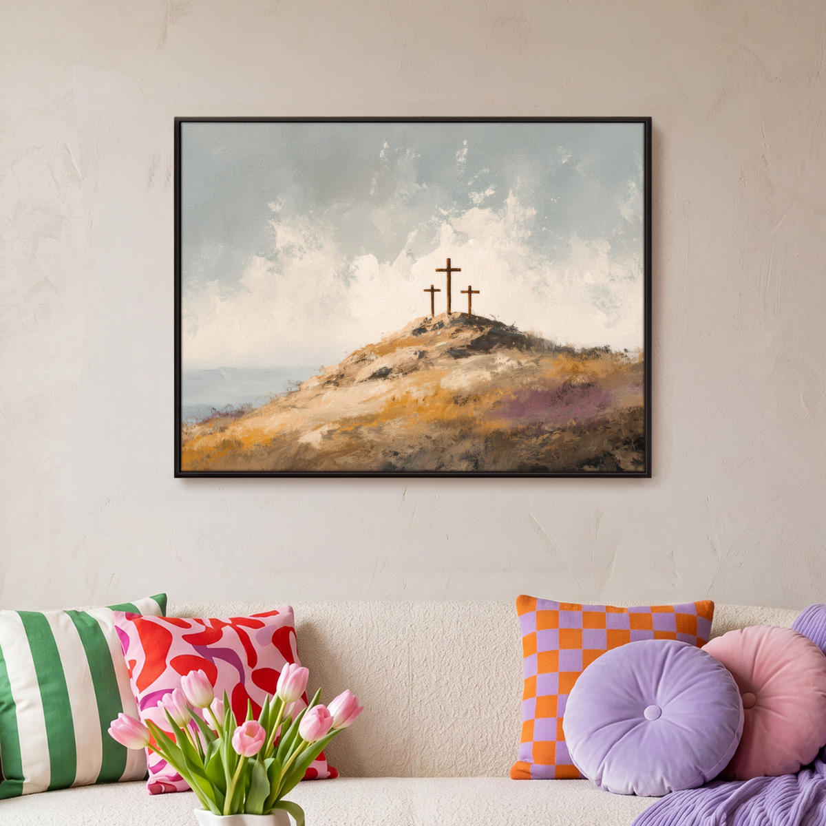 LEINWAND Bilder mit Rahmen - Hügel - Abstrakt - Christentum - Kreuz - 80x60 - Hellgrau, Textil (80/60cm) - MuchoWow